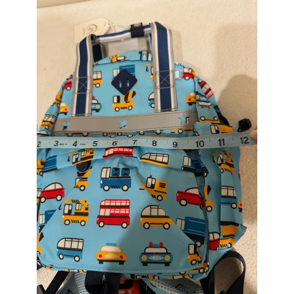 Boys QIXIU Backpack Small Blue Vehicle Print zip and side pockets adjustable